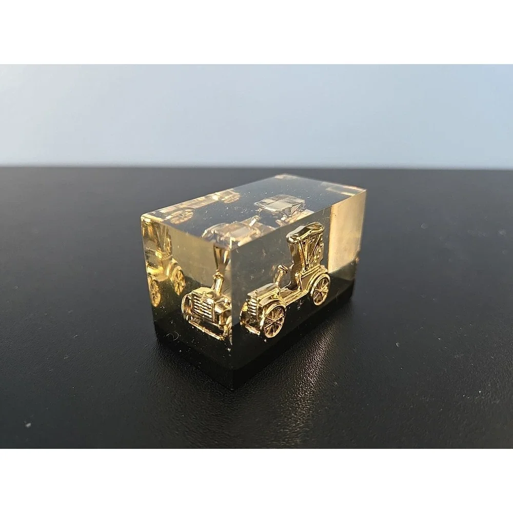 Lot of 2 1950s‎ Vintage, Rare, Acrylic Lucite Gold Antique Cars Paperweight